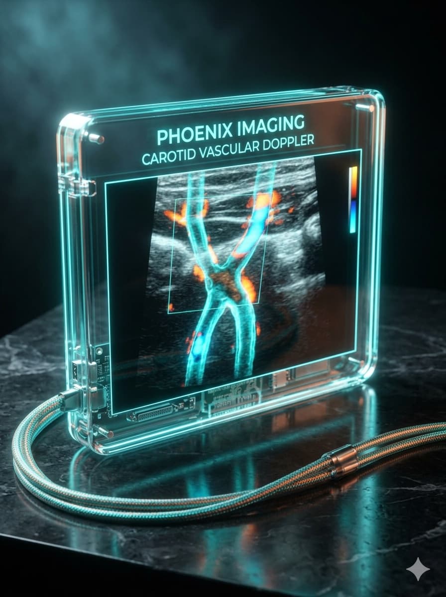 Aparelho de ultrassom realizando Doppler vascular de carótida